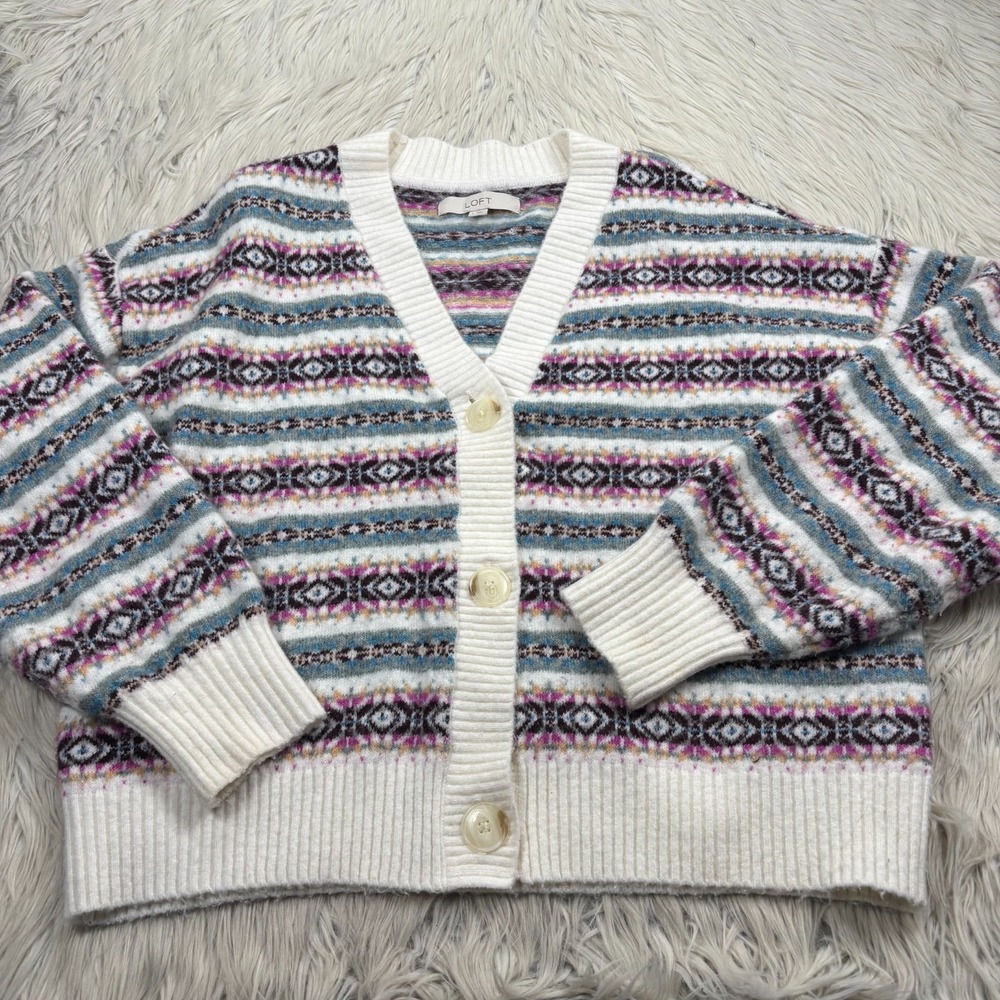 LOFT Women's L Multi-Color Nordic Fair Isle Stripe Relaxed Fit Cardigan‎